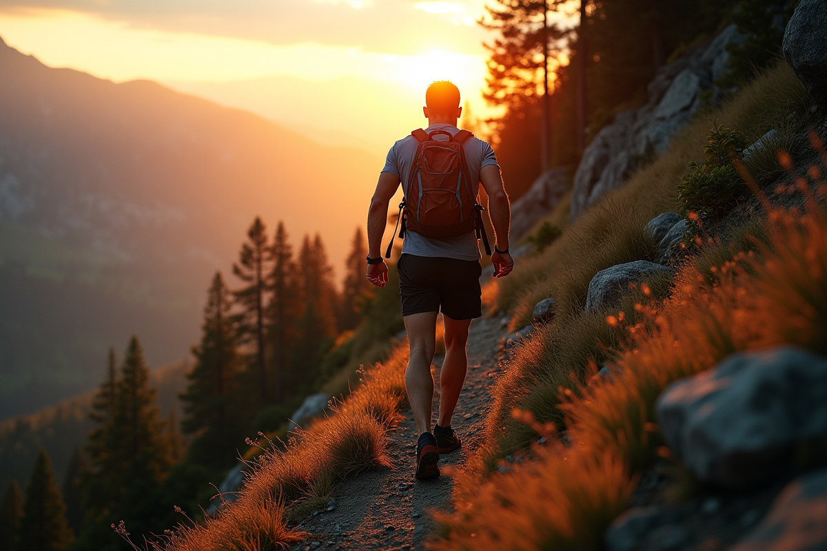 Homme déterminé grimpe un sentier de montagne au lever du soleil