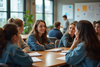 Jeunes en discussion dans une salle de classe moderne