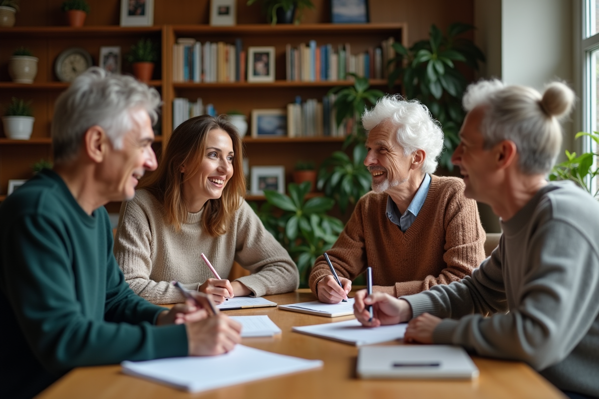 Groupe d adultes discutant autour d une table dans un salon chaleureux