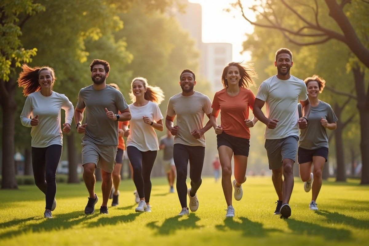 Groupe de personnes courant dans un parc ensoleille