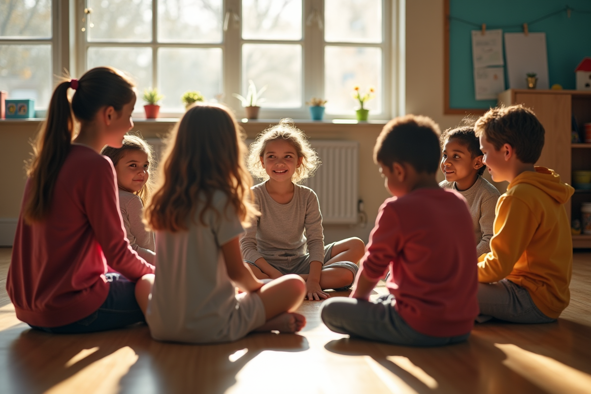 Enfants et enseignant en discussion dans la classe