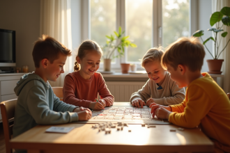 Enfants de 11 ans jouant à un jeu de société dans un salon lumineux
