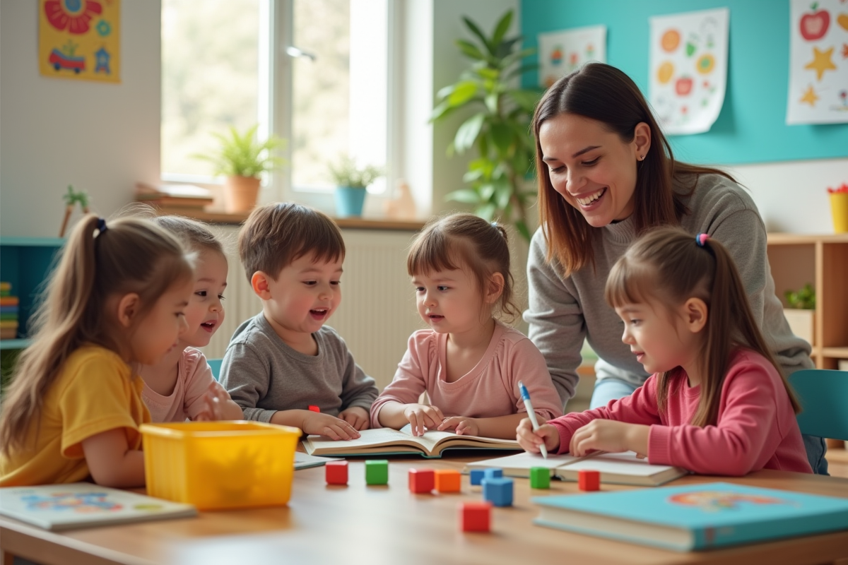 Groupe d'enfants jouant avec des jouets dans une classe lumineuse