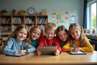 Enfants souriants avec tablette dans une classe moderne