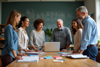 Groupe de formateurs adultes en discussion dans une salle moderne