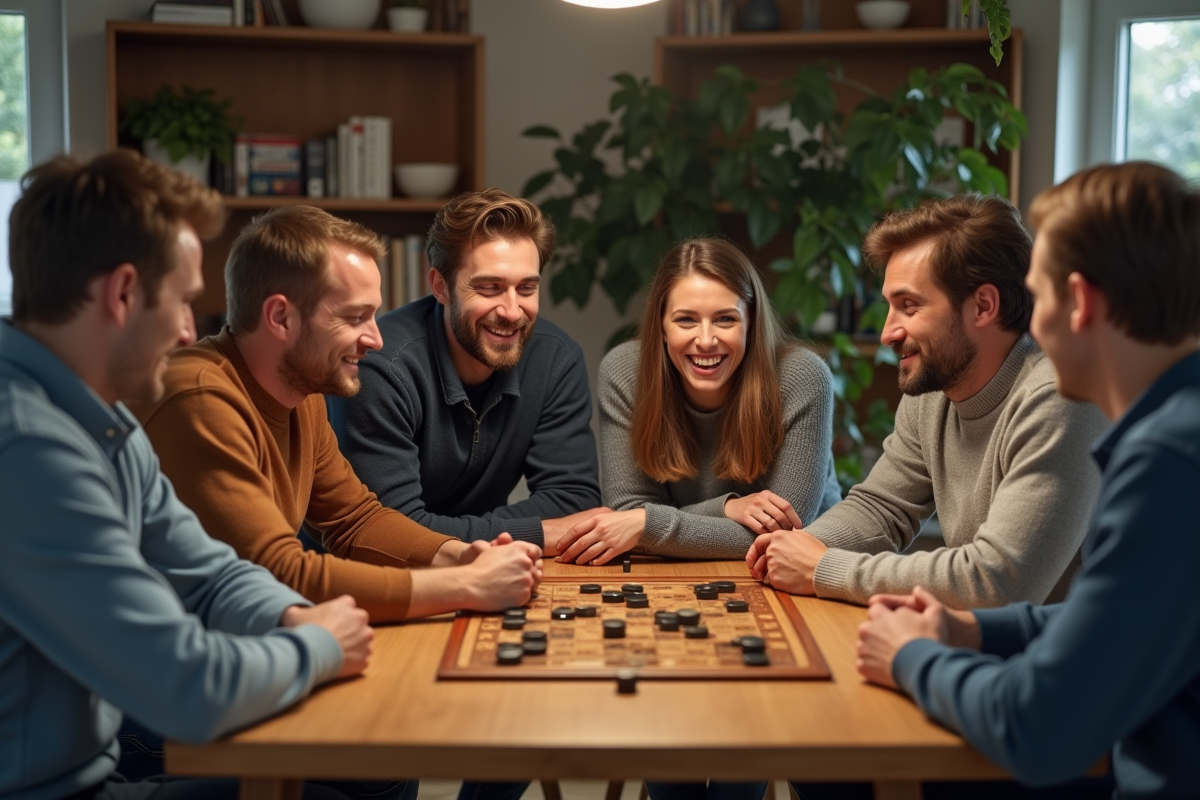 Groupe d'adultes jouant à un jeu de société dans un salon cosy