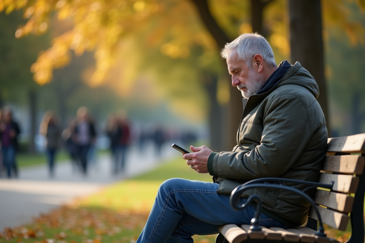 Homme d'âge moyen seul sur un banc de parc regardant son téléphone