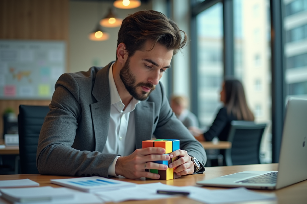 Homme en bureau résolvant un cube puzzle avec concentration