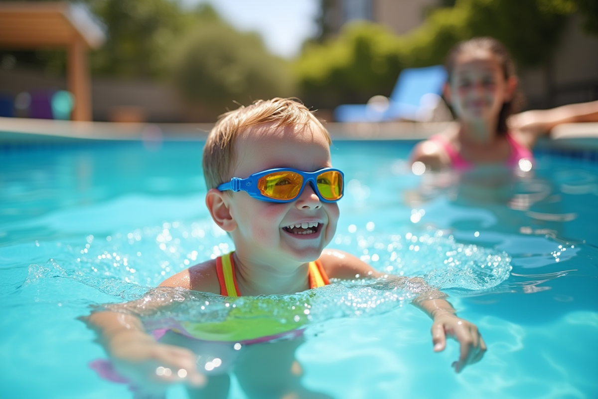 Jeune enfant nageant dans une piscine extérieure en toute confiance