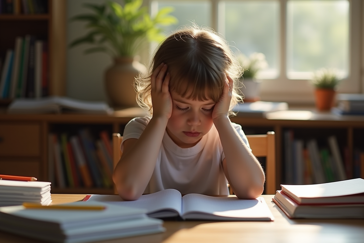 Jeune étudiant au bureau lumineux avec livres et devoirs