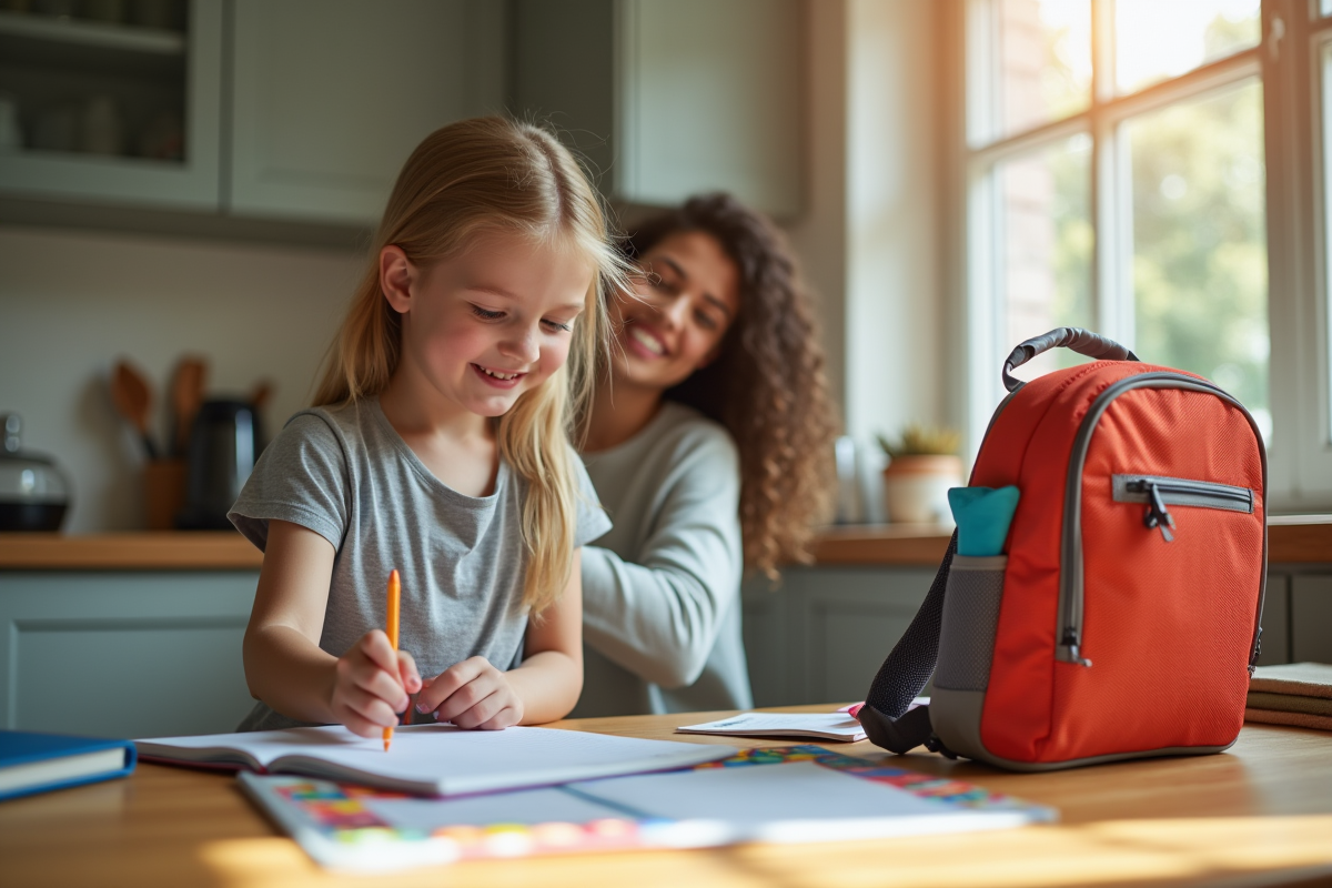 Jeune étudiant rangeant ses devoirs dans un sac à dos coloré au matin