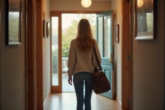 Jeune femme devant sa maison avec sac de voyage anticipation