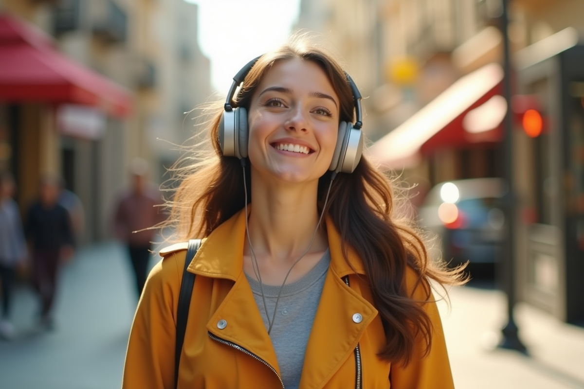Jeune femme écoutant de la musique avec casque sans fil dans la ville