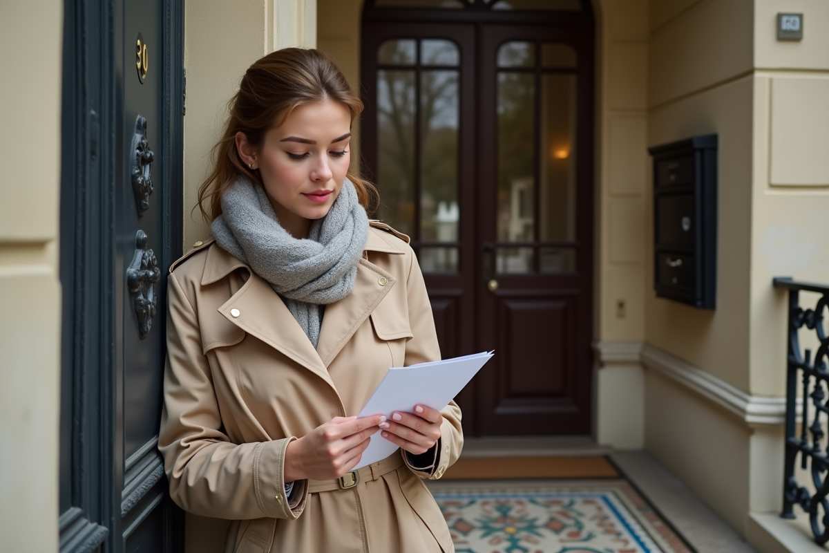 Jeune femme vérifiant sa boîte aux lettres dans un immeuble parisien