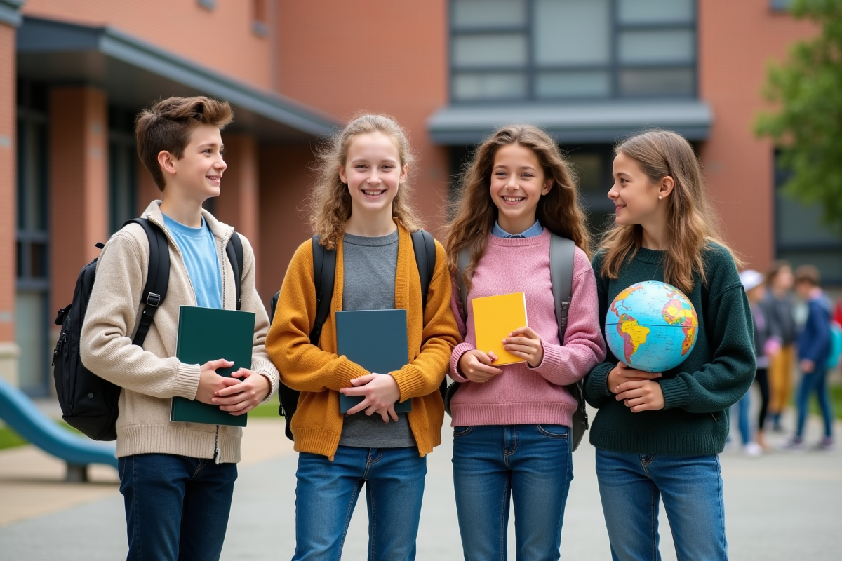 Quatre adolescents souriants avec objets éducatifs dans la cour d école