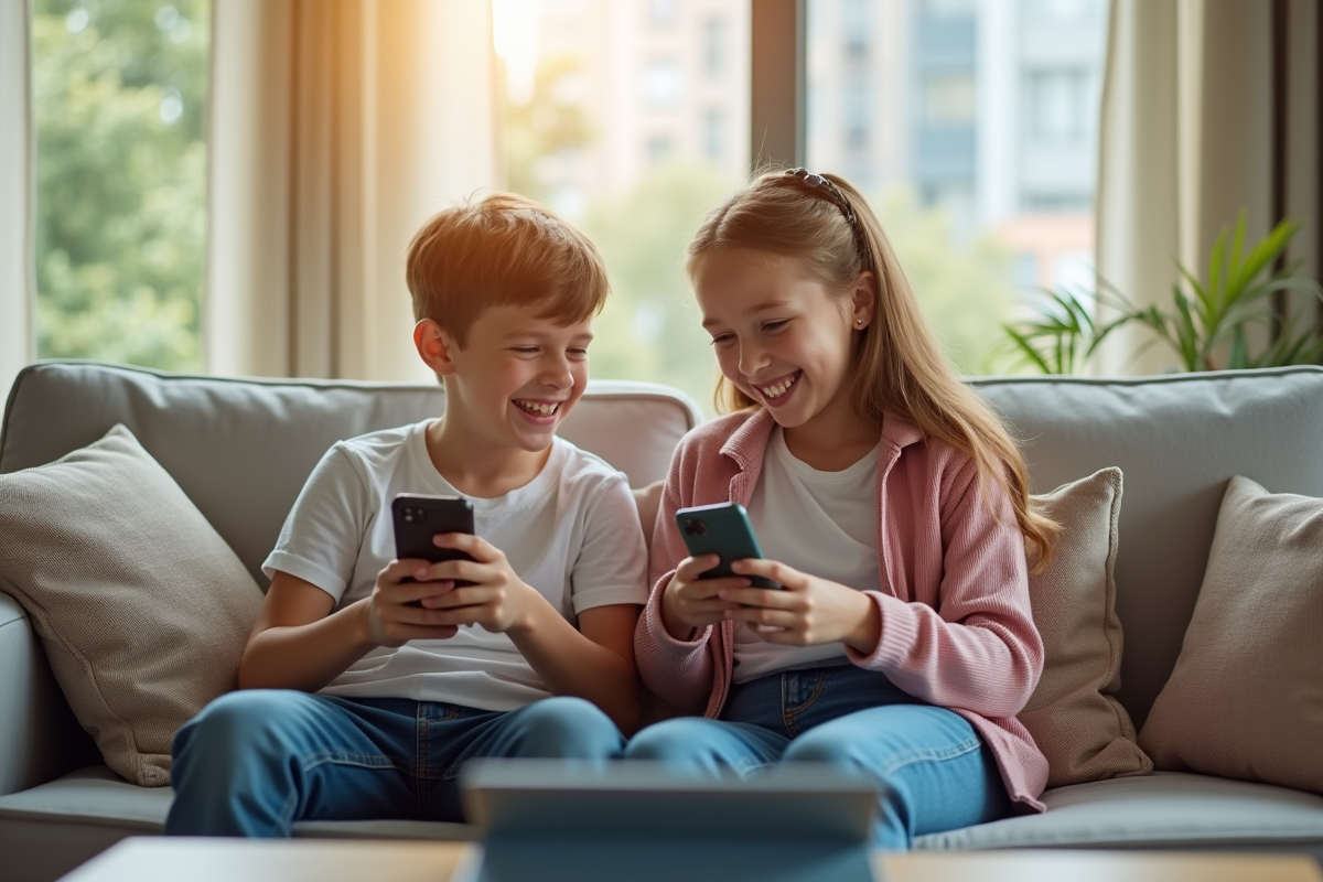 Adolescents souriants avec smartphones dans le salon lumineux