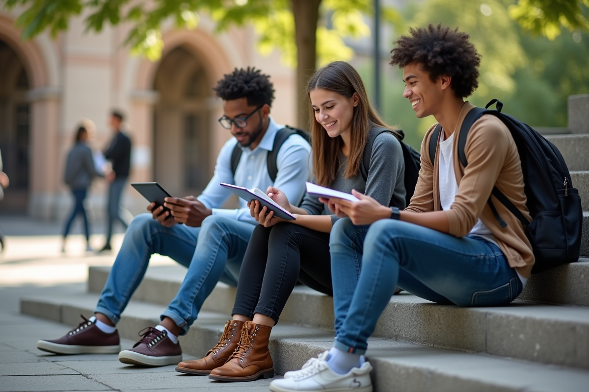 Jeunes adultes avec tablettes sur les escaliers extérieurs