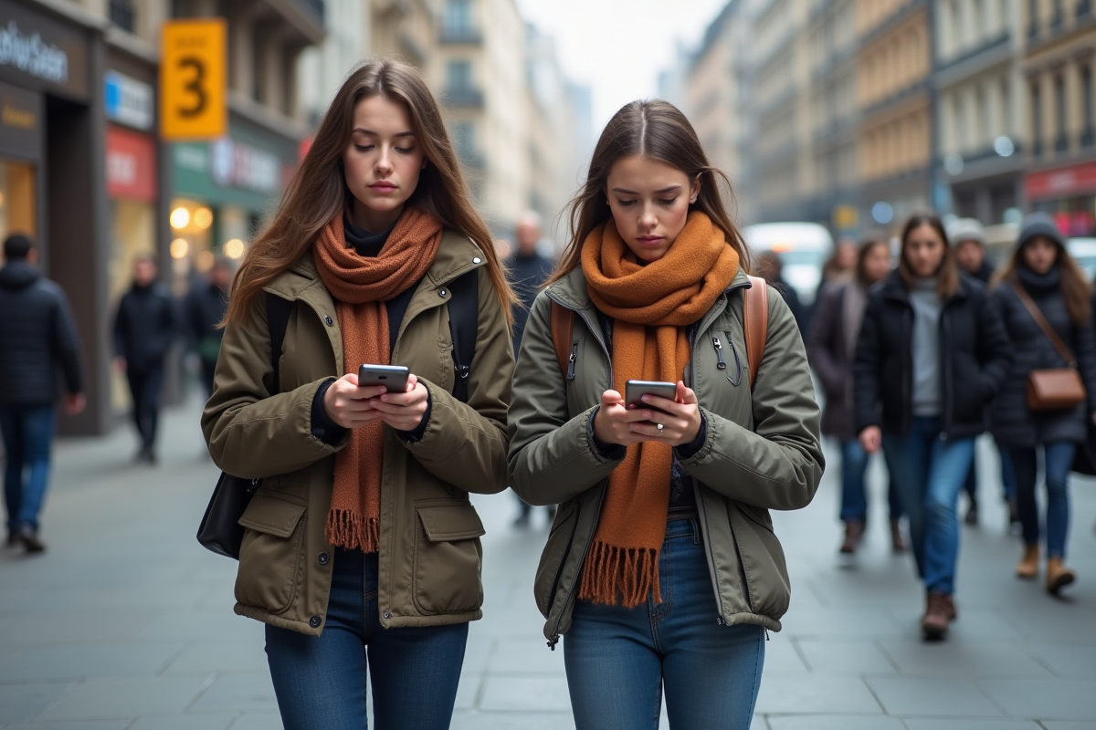 Deux jeunes femmes sur un trottoir en automne dans la ville