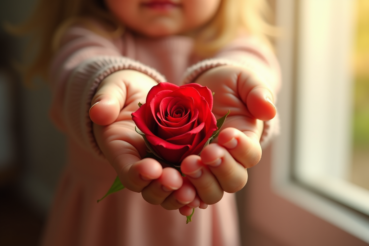 Mains d'enfant tenant une rose rouge douceur et innocence