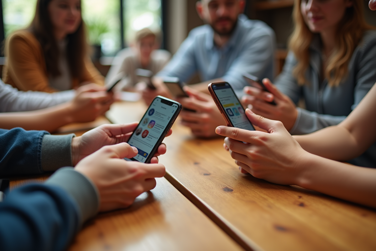 Mains de jeunes avec smartphones dans un café lumineux