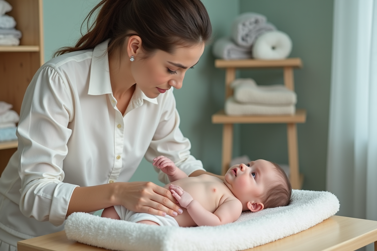 Jeune maman lavant son bébé dans un nursery douillet