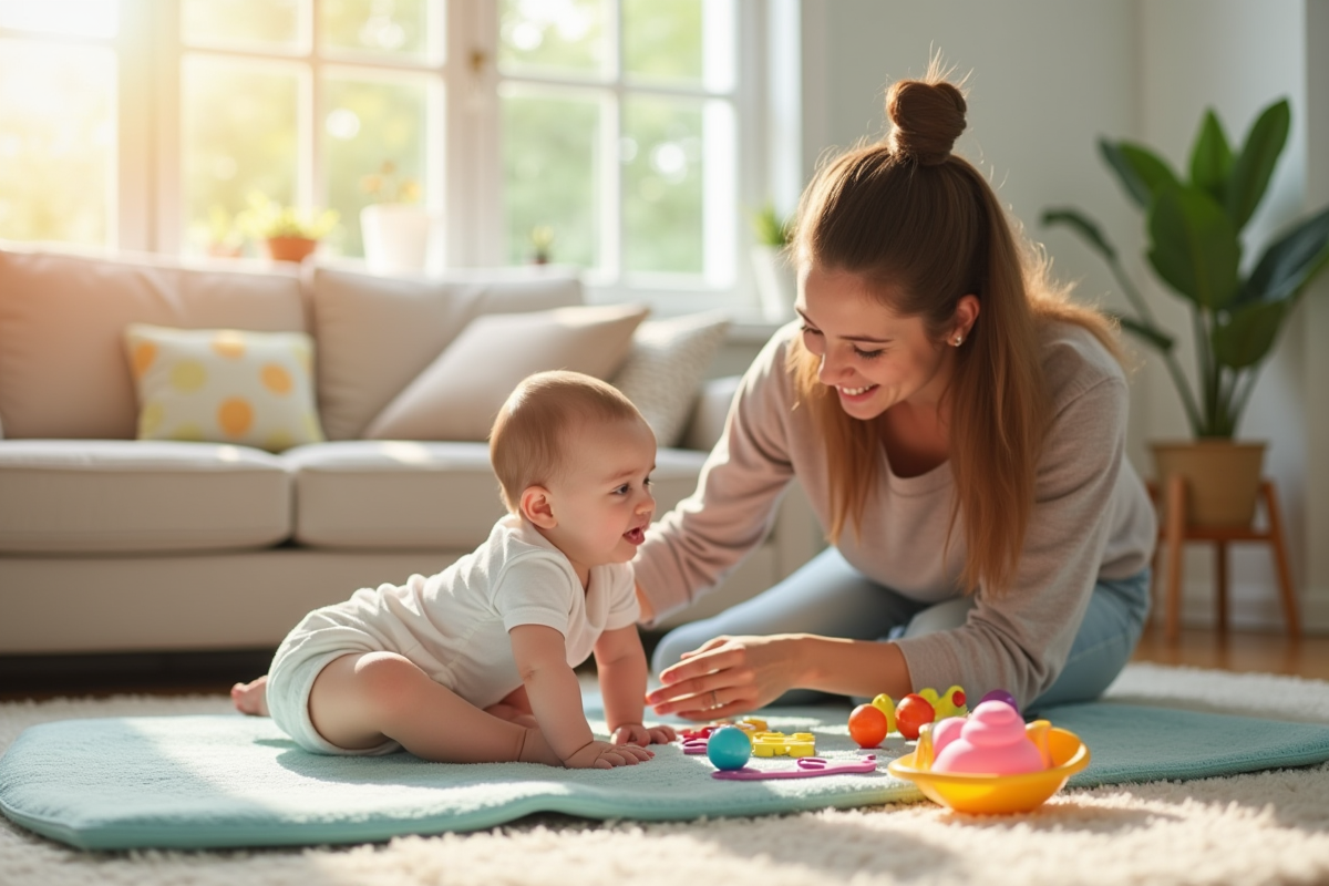 Maman joue avec son bébé de 4 mois dans le salon ensoleille