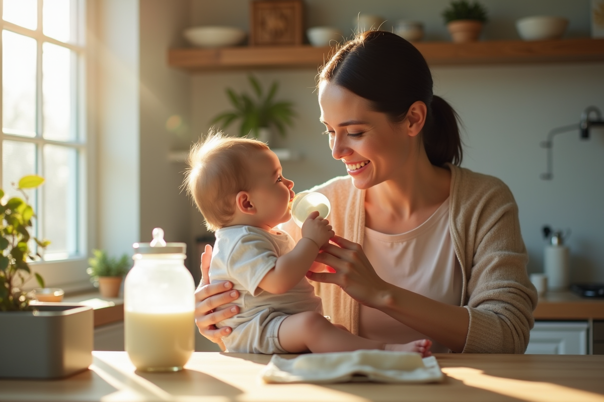 Maman souriante donnant le biberon à son bébé dans une cuisine lumineuse