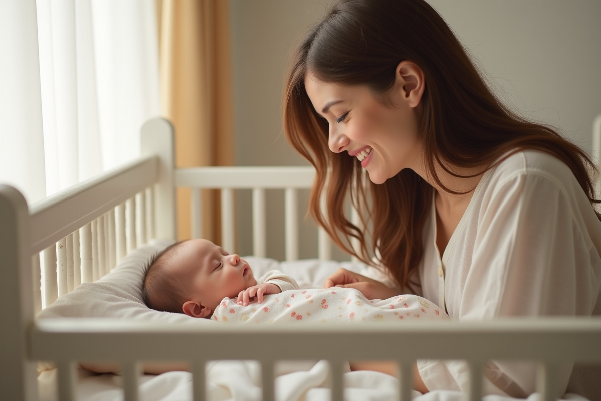 Maman dépose son bébé dans un lit moderne dans une nurserie chaleureuse