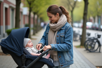 Jeune maman vérifiant la sécurité du bébé dans la poussette