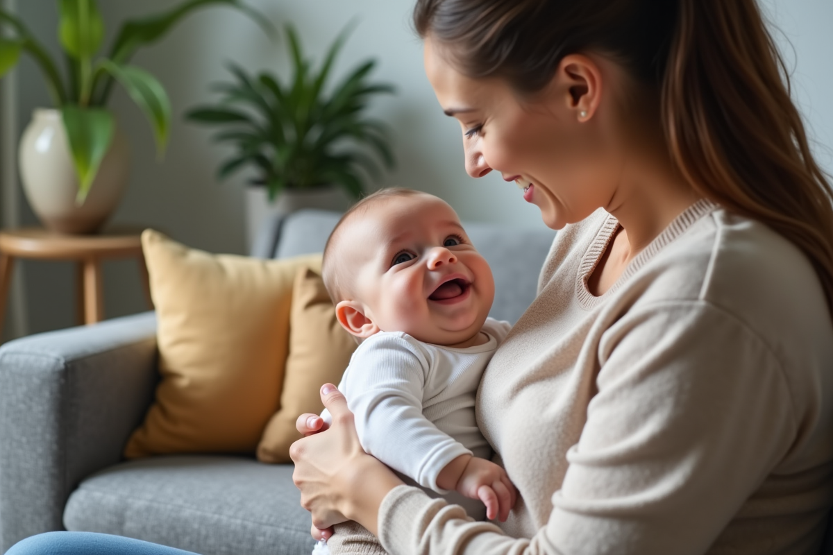 Maman souriante tenant son bébé de huit mois