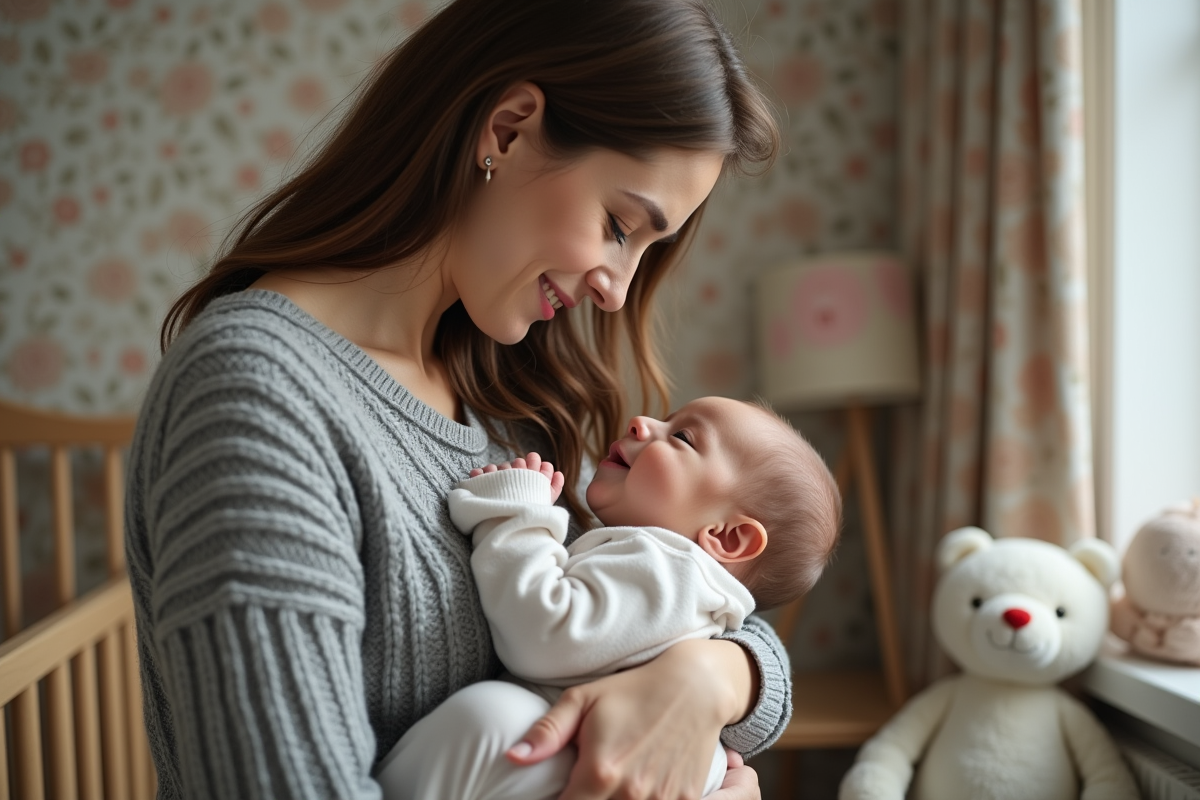 Maman jeune tenant tendrement son bébé contre elle à la maison