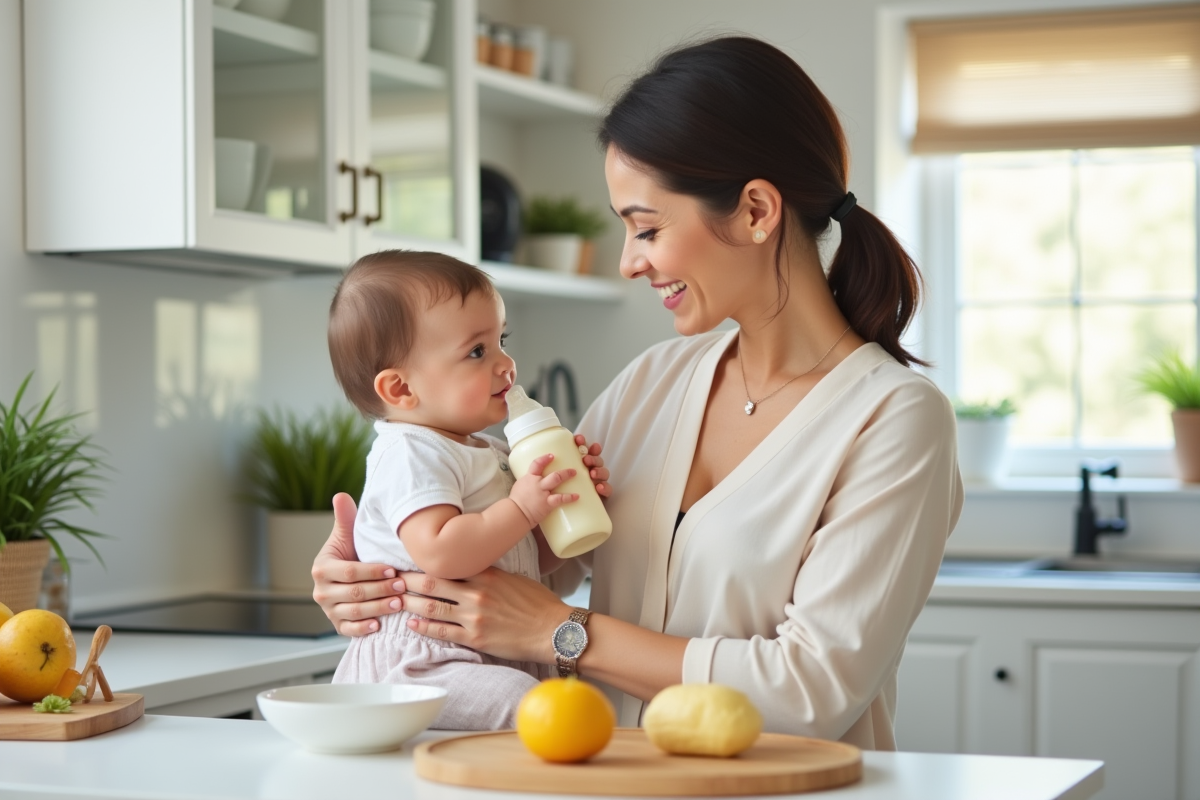 Maman souriante préparant un biberon dans une cuisine lumineuse