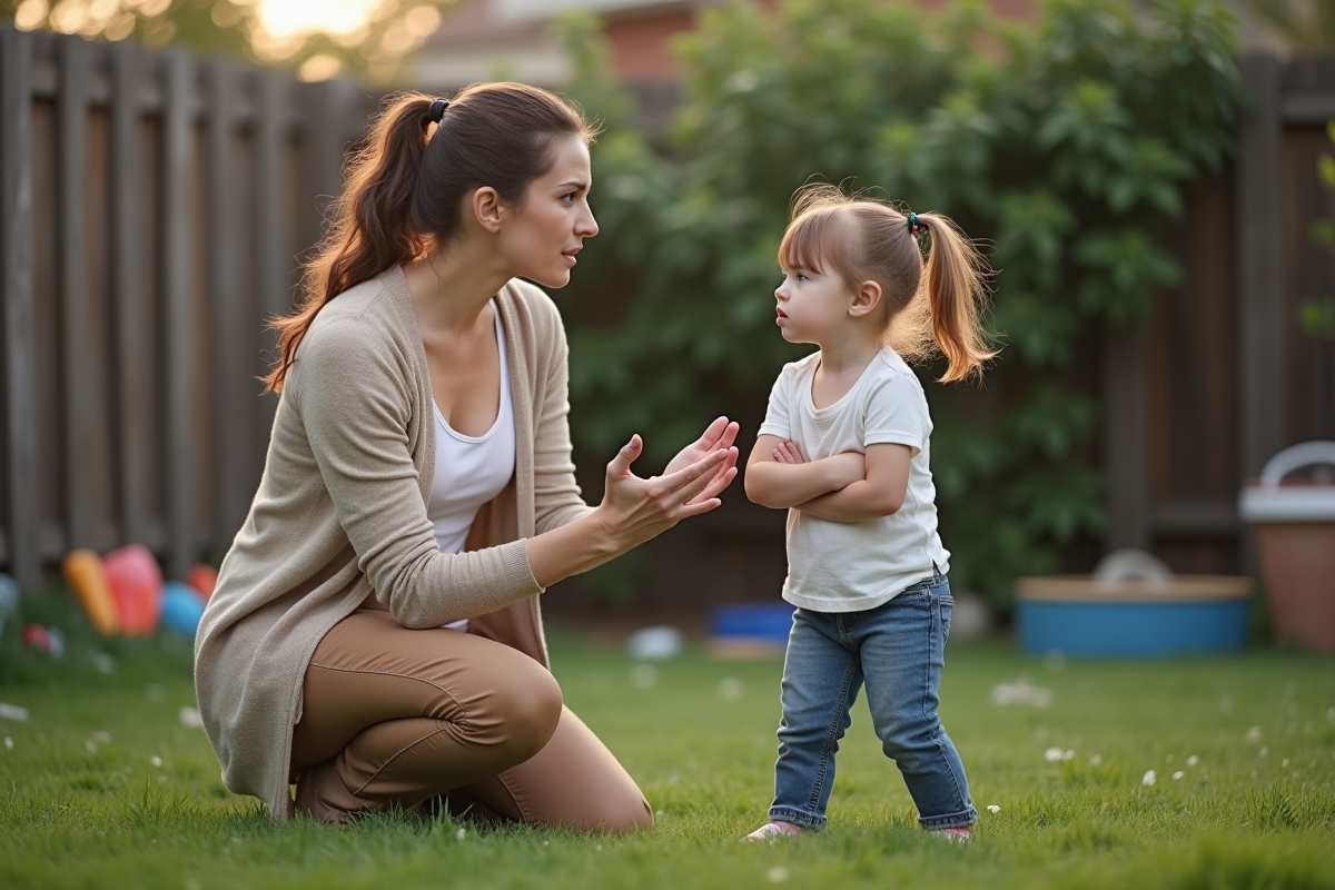 Maman parle à sa fille dans le jardin