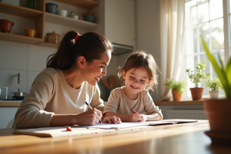Maman aidant son enfant avec les devoirs à la maison