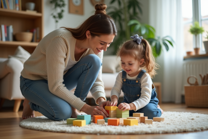Maman et fille jouent avec des blocs en bois dans le salon