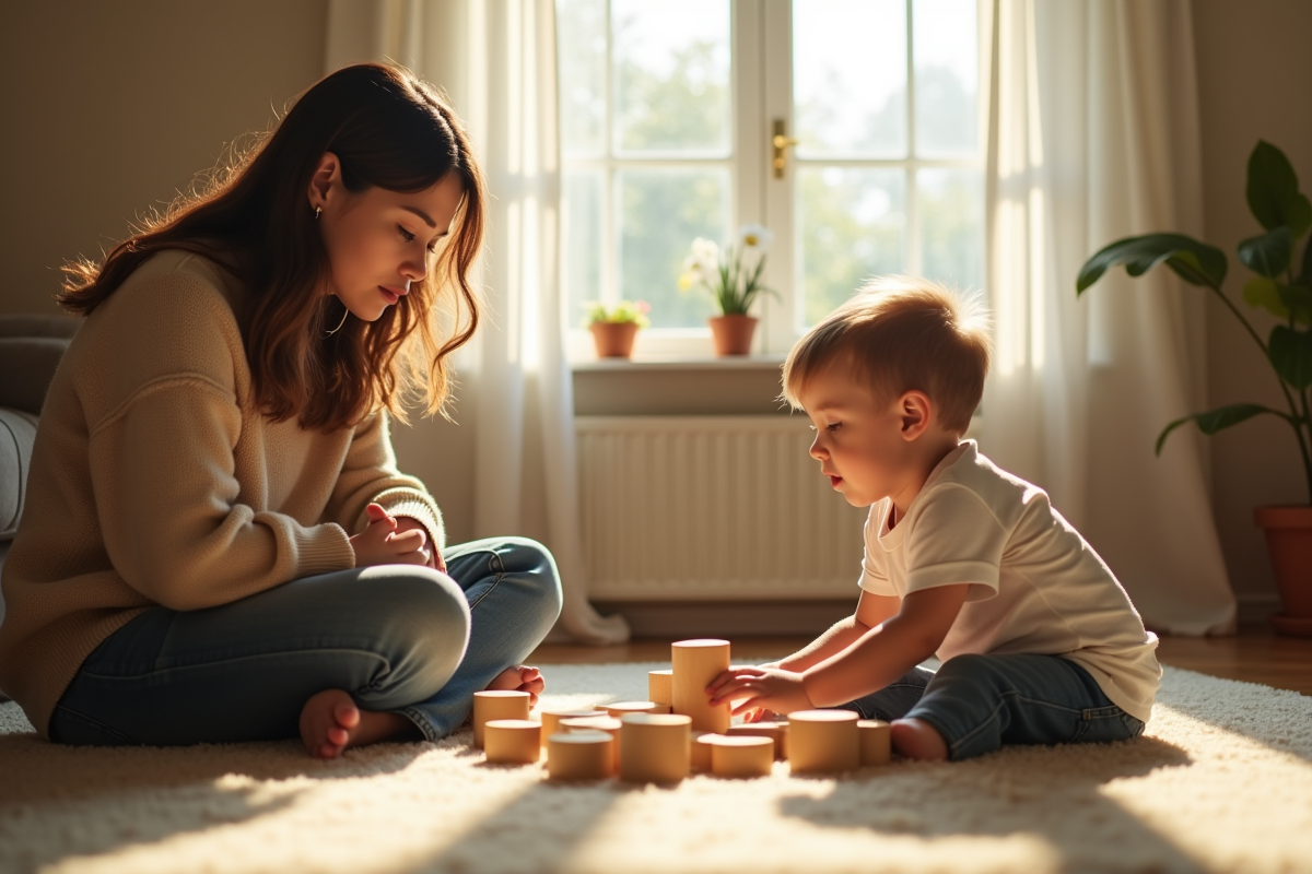 Maman attentive avec son enfant jouant avec des blocs en bois