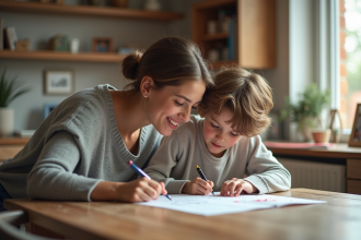 Maman et son enfant travaillent ensemble sur un projet scolaire à la maison