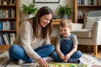Mère souriante avec son enfant jouant au puzzle