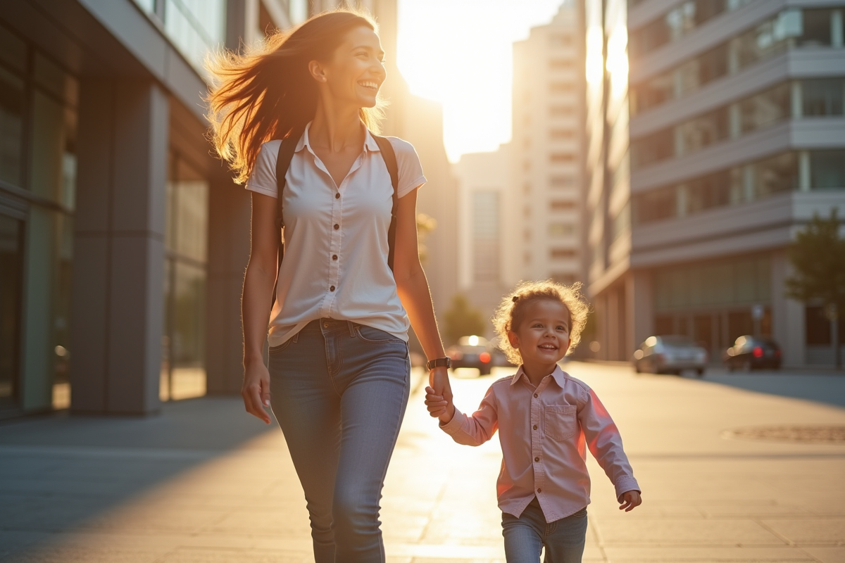 Maman et enfant souriants dehors devant un bureau