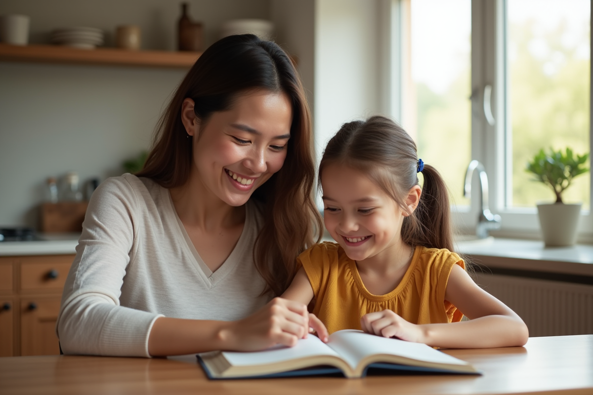 Maman et fille lisant un livre à la table de cuisine