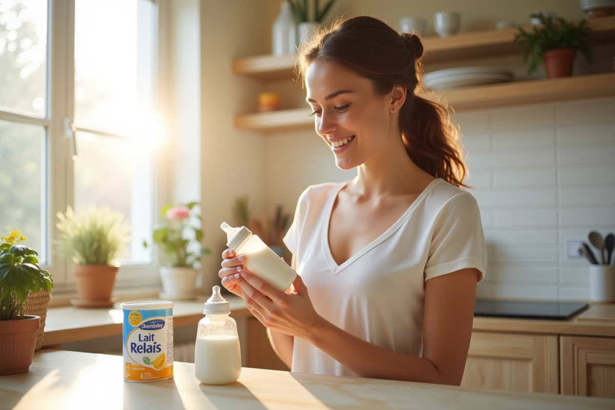 Jeune maman préparant un lait relais dans une cuisine lumineuse