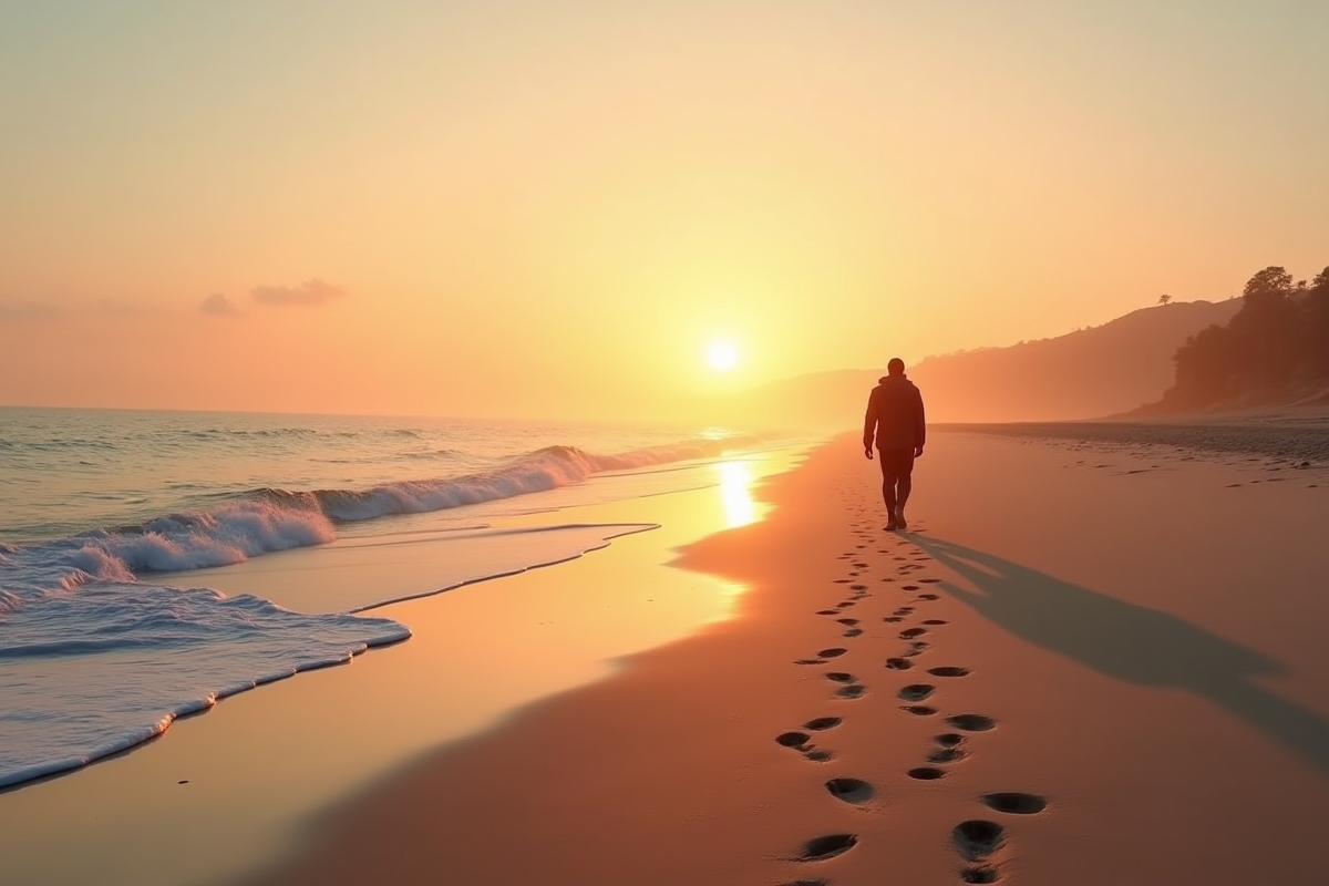 Voyageur marchant calmement sur la plage au lever du soleil
