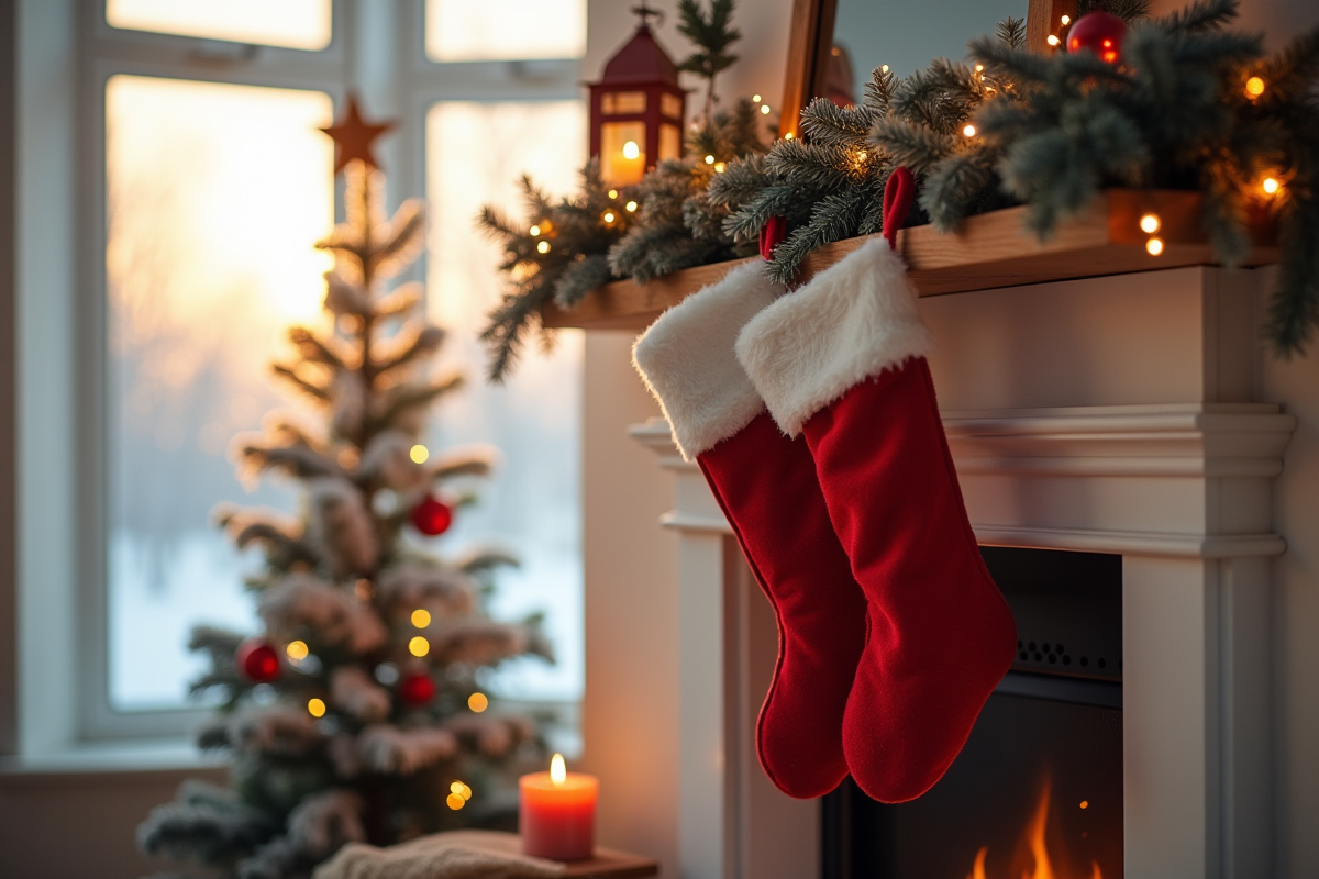 Main adulte posant une chaussette de Noël sur la cheminée