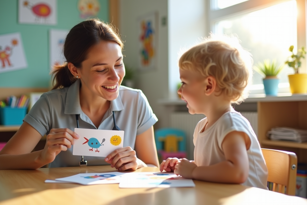 Orthophoniste jouant avec un enfant de 18 mois avec des cartes illustrées