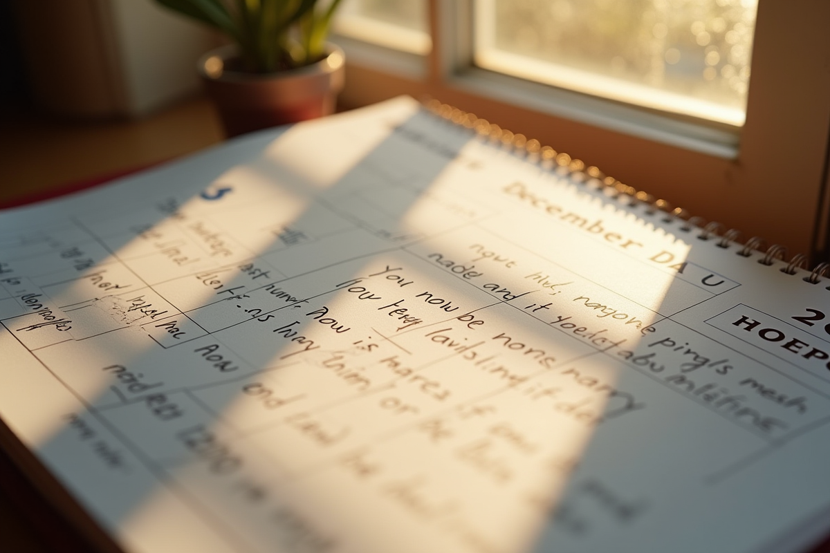 Page de calendrier tournant de décembre à janvier avec notes sur les traditions