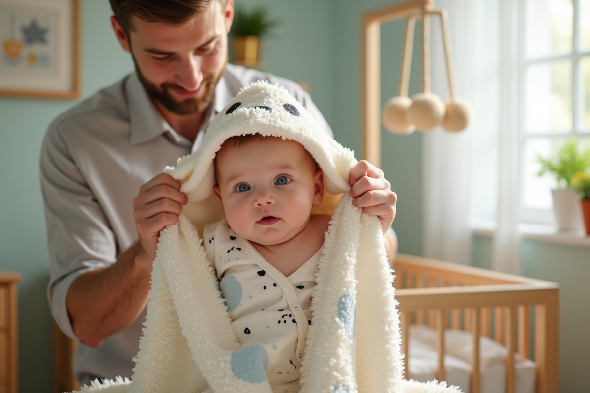 Papa sèche un bébé garçon dans une nurserie lumineuse