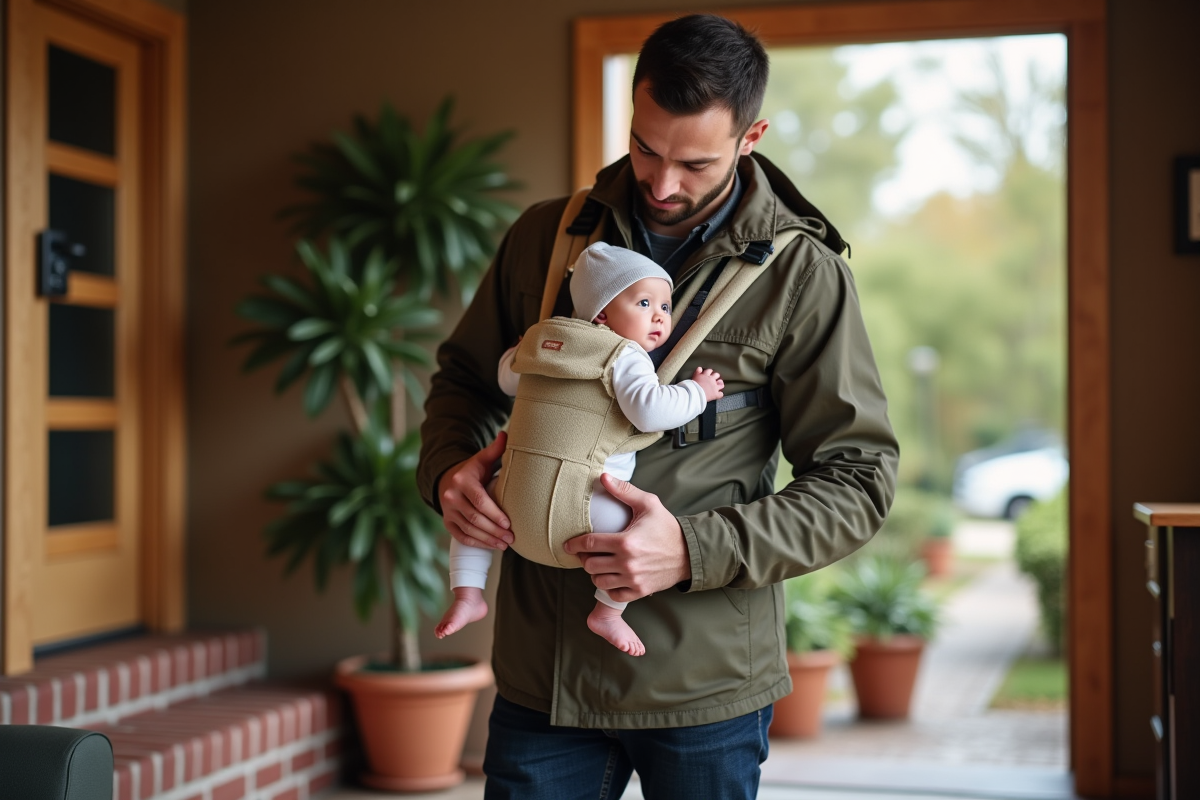 Père ajustant le porte-bébé avant de sortir de la maison