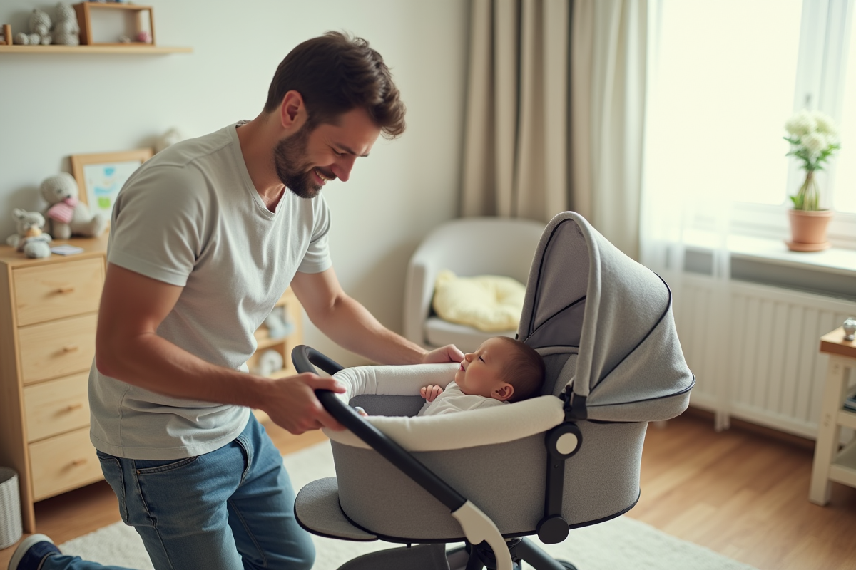 Pere plaçant doucement son bébé dans une poussette moderne dans la nurserie