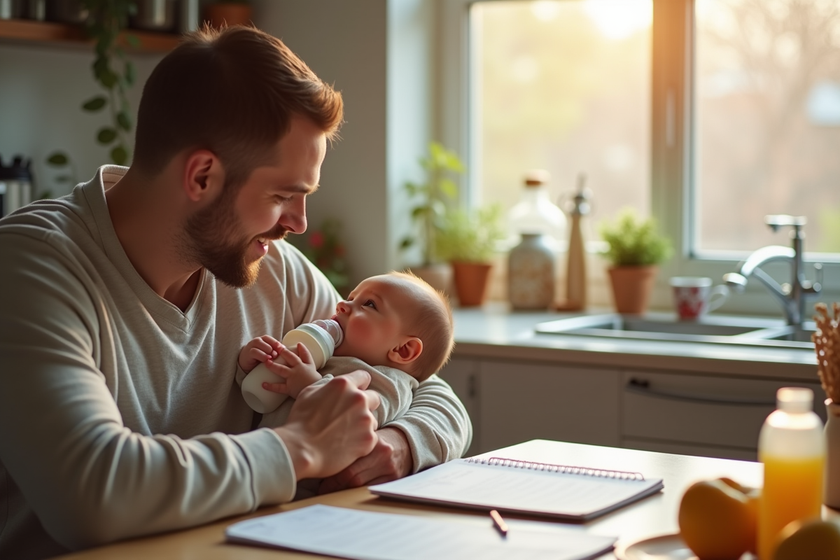 Papa donne le biberon a son bebe dans la cuisine lumineuse