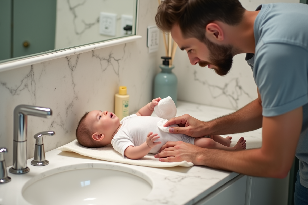 Père nettoyant sa fille dans une salle de bain